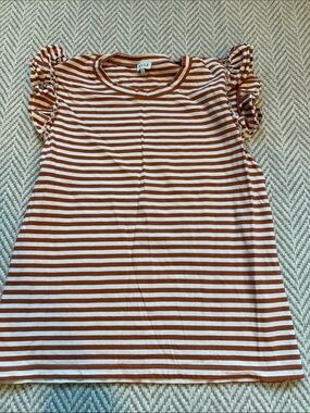 KULE Rust and White Striped Ruffle Sleeve Tee